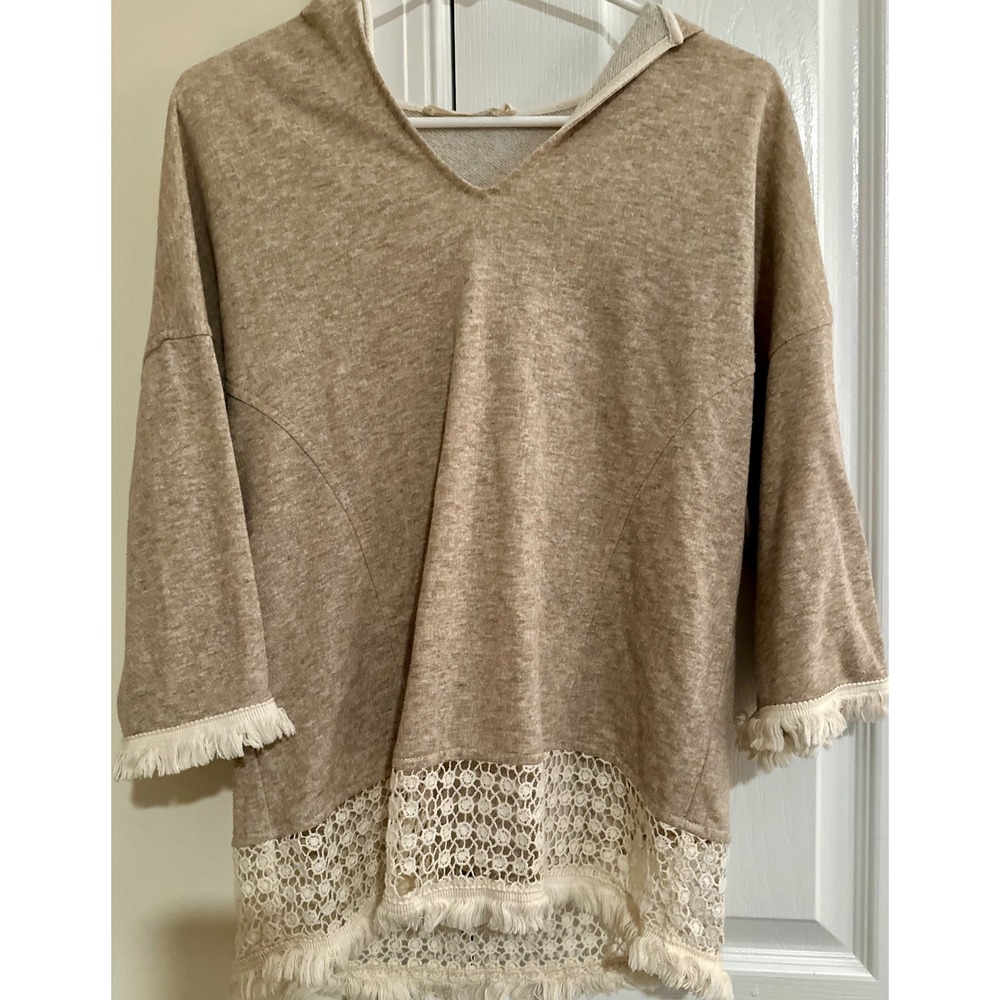 Ellison Womens Boho Crochet Lace Fringe Hoodie Sweatshirt Tan Oatmeal Small - Picture 6 of 9